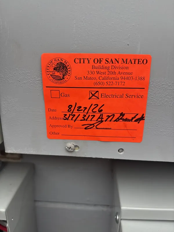 City of San Mateo inspection tag for the electrical service meter release